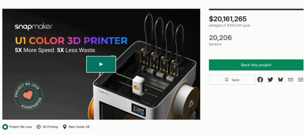 Snapmaker’s U1 Becomes Kickstarter’s Most Funded 3D Printer Project3DPrint.com | Additive Manufacturing Business 2 Screenshot 2025 10 15 at 6.24.04E280AFPM 1024x454